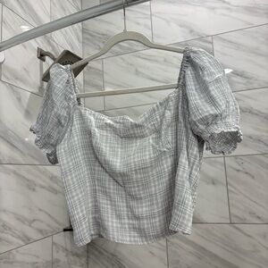 Abercrombie & Fitch Light Gray Plaid Puff Sleeve Blouse